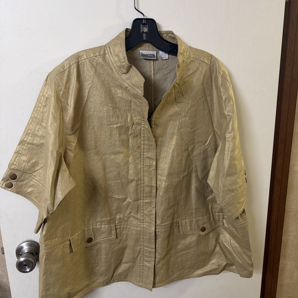 Chico's Size 3 Gold Metallic Short Sleeve Full Zip Linen Jacket